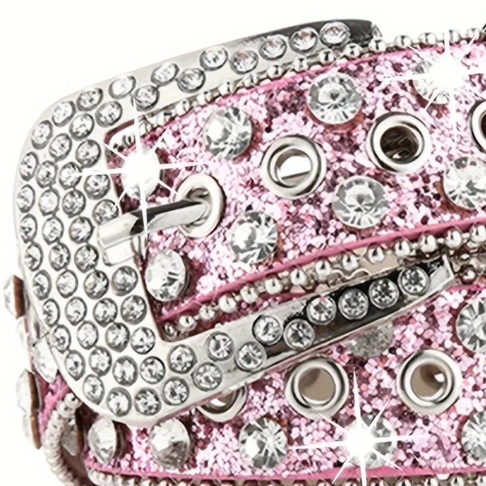Pink Hip Hop Cowboy Cowgirl Rhinestone Y2K Belt Buckle - Trendy Faux Leather - Picture 3 of 7